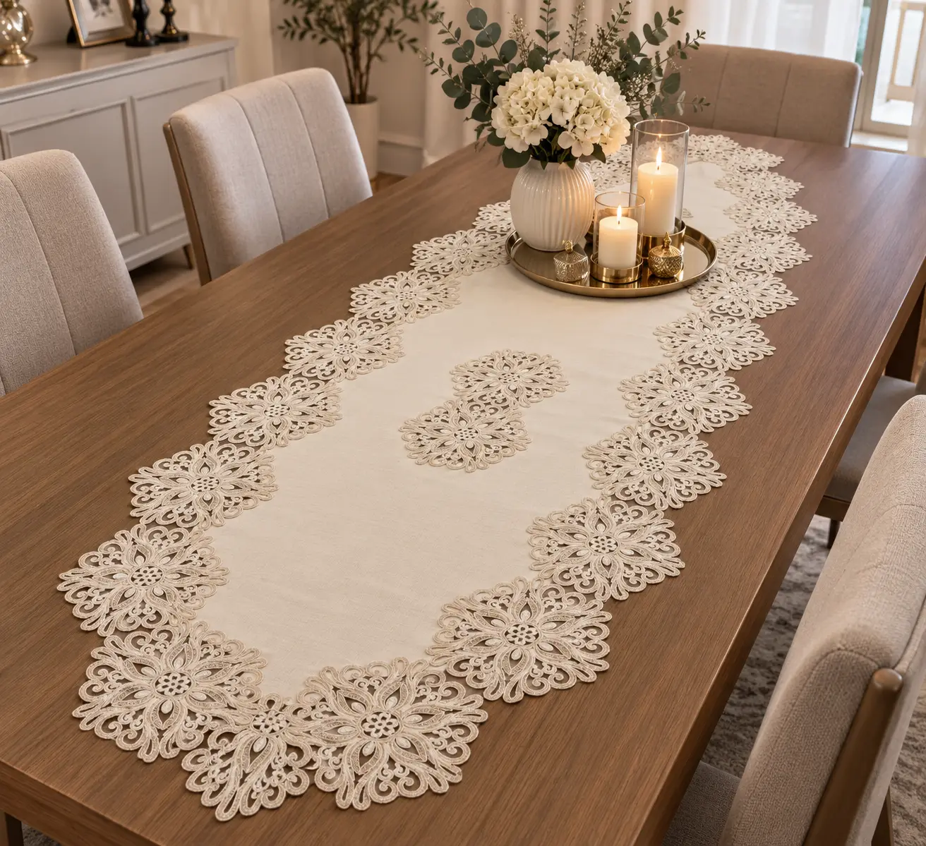 Fransız Dantelli 60x160 Ebat Keten Gardenya Lüx Güpürlü Runner