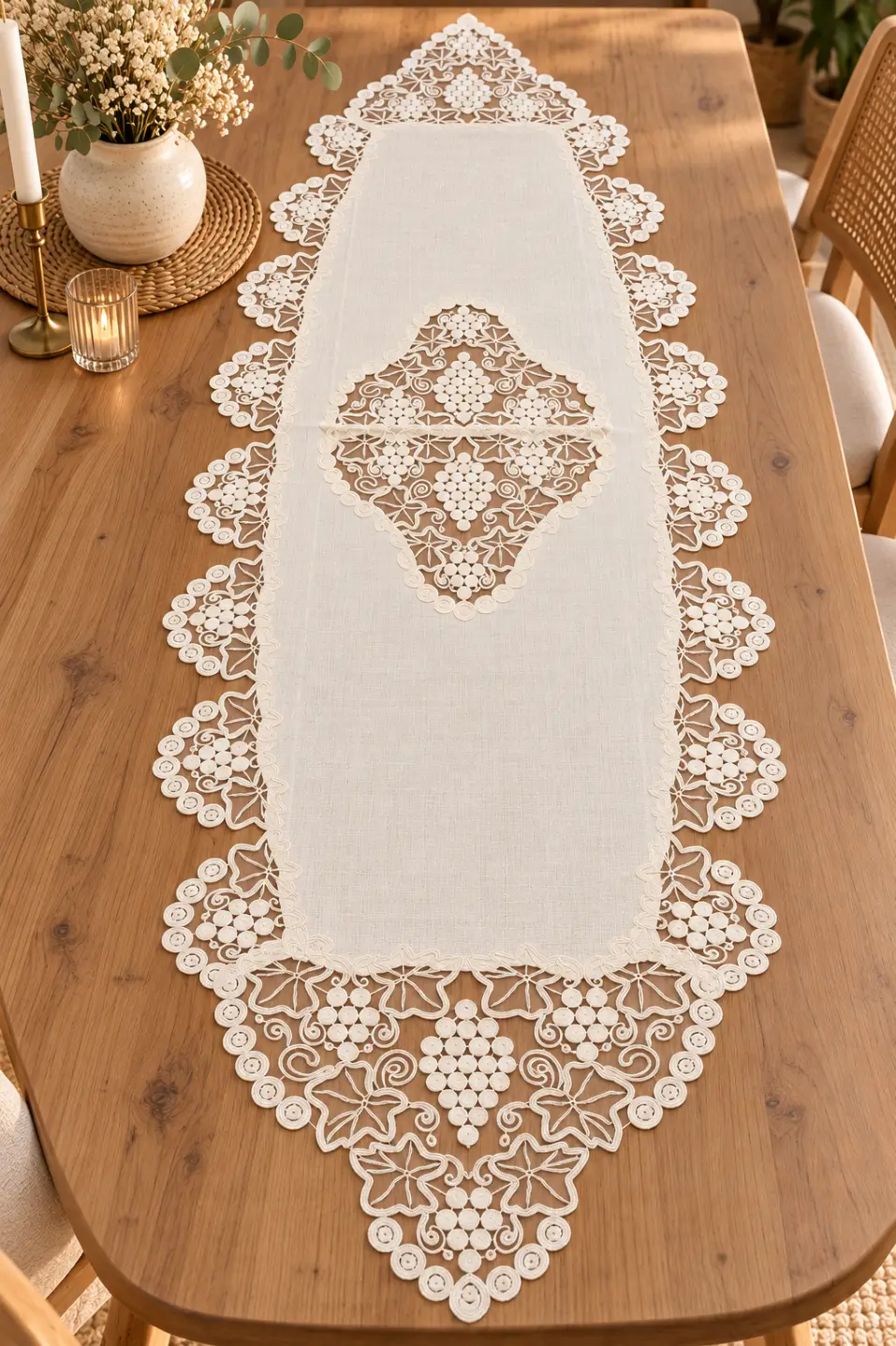 Fransız Dantelli 60x160 Ebat Keten Gardenya Lüx Güpürlü Runner