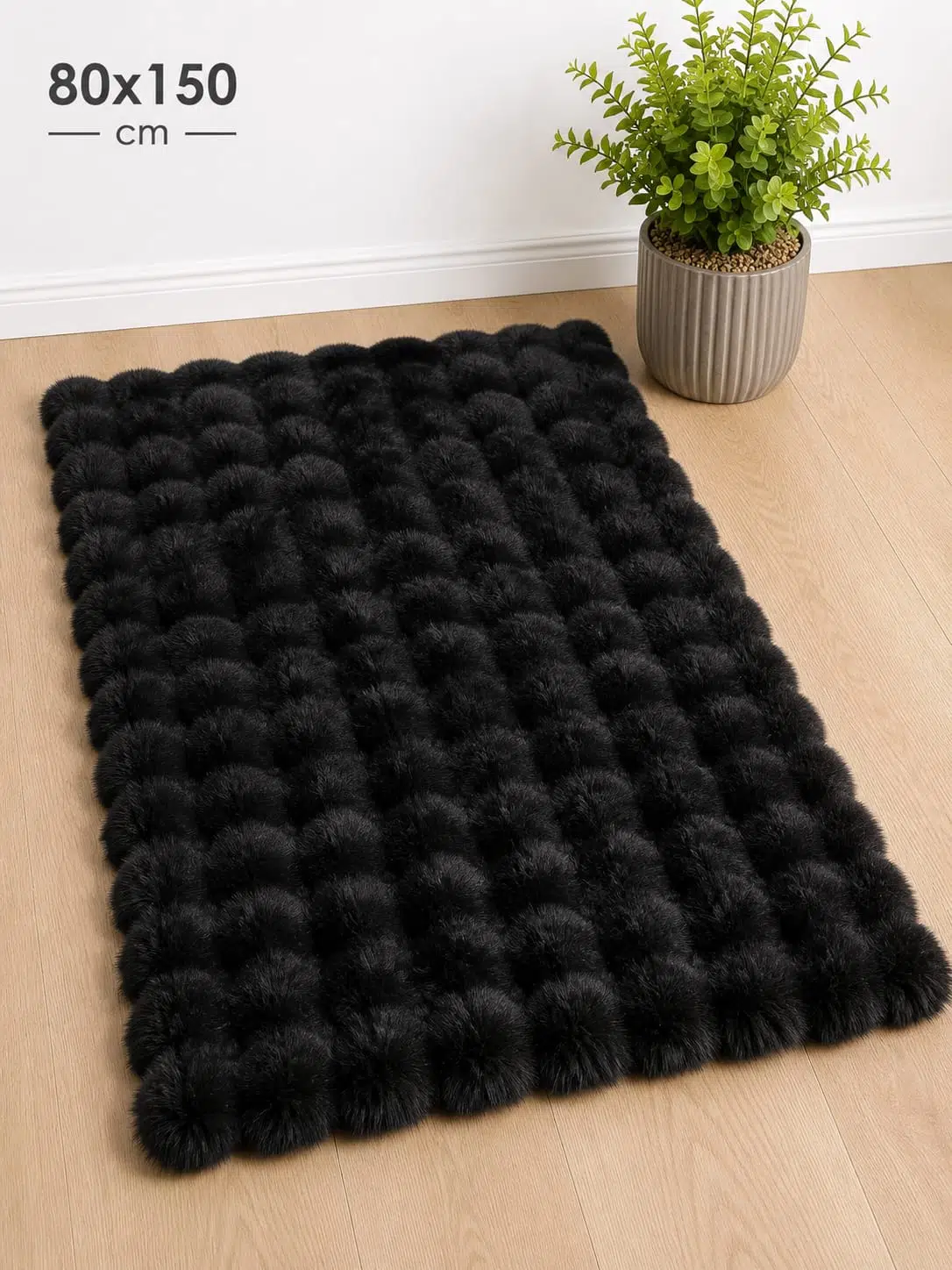 80x150 Bubble Kürk Post Halı Paspas Kaymaz Özel Taban Peluş Paspas - Siyah