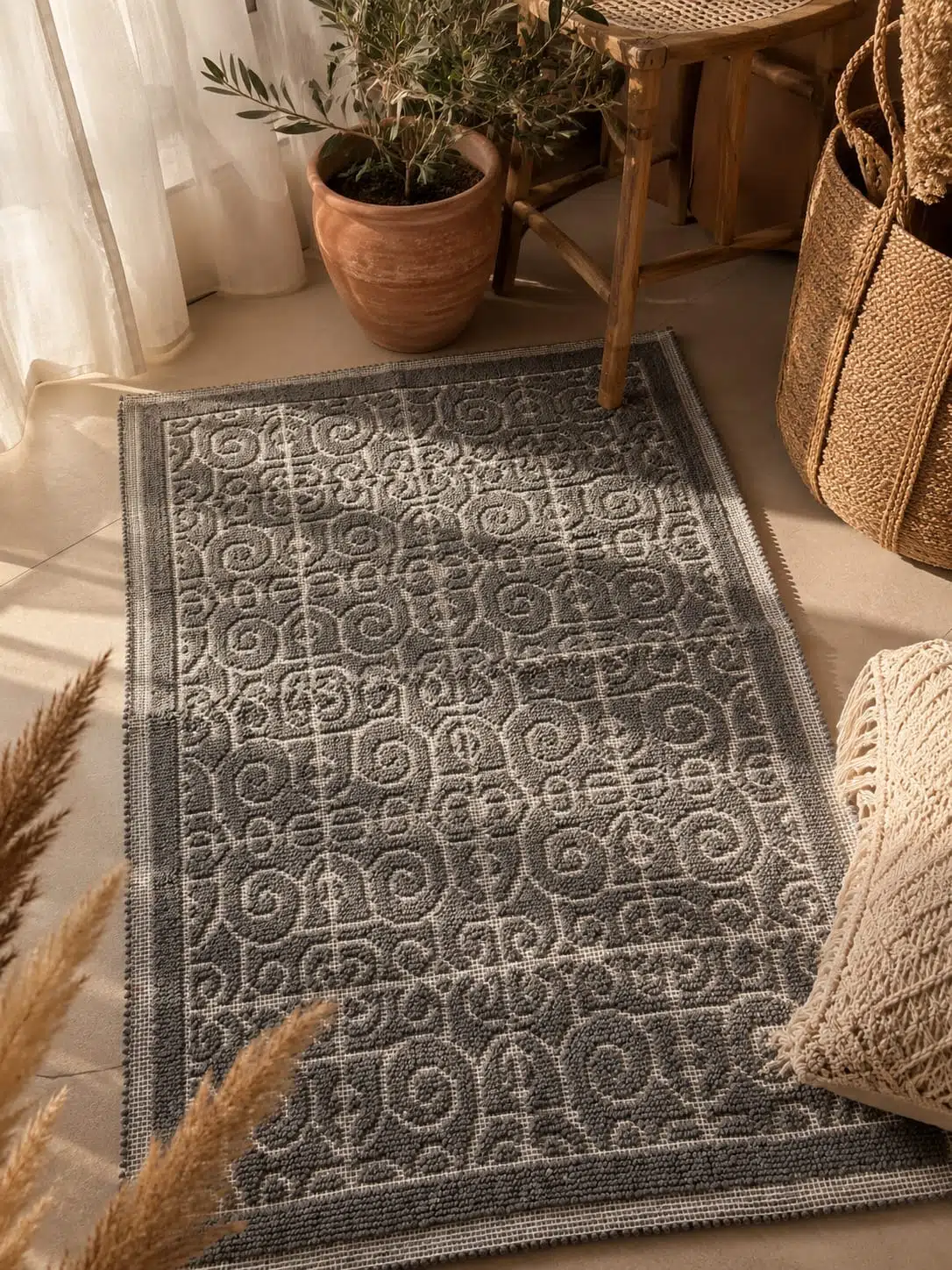 Bohem Pamuklu Bukle Kilim - Modern Dokuma Kilim - Yıkanabilir Mutfak ve Koridor Halısı - Gri