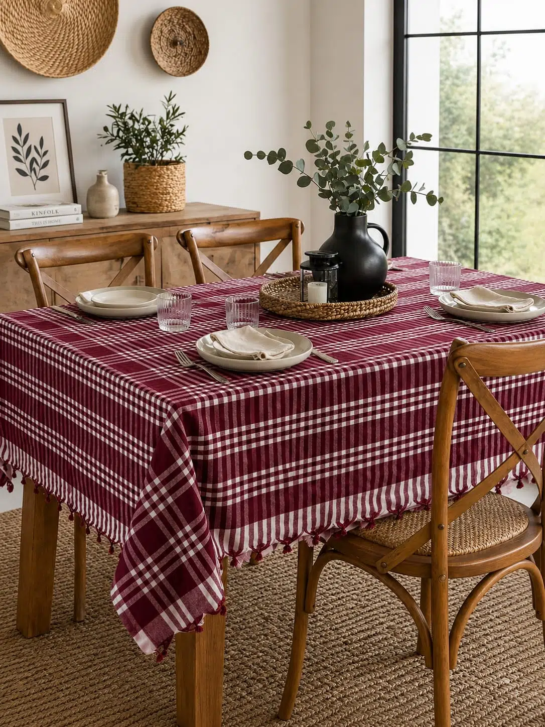 Çok Amaçlı Sofra Bezi , Piknik Örtüsü &amp; Masa Örtüsü Bağlamalı Ekose Pötikare Pamuklu 170x170 cm - Bordo