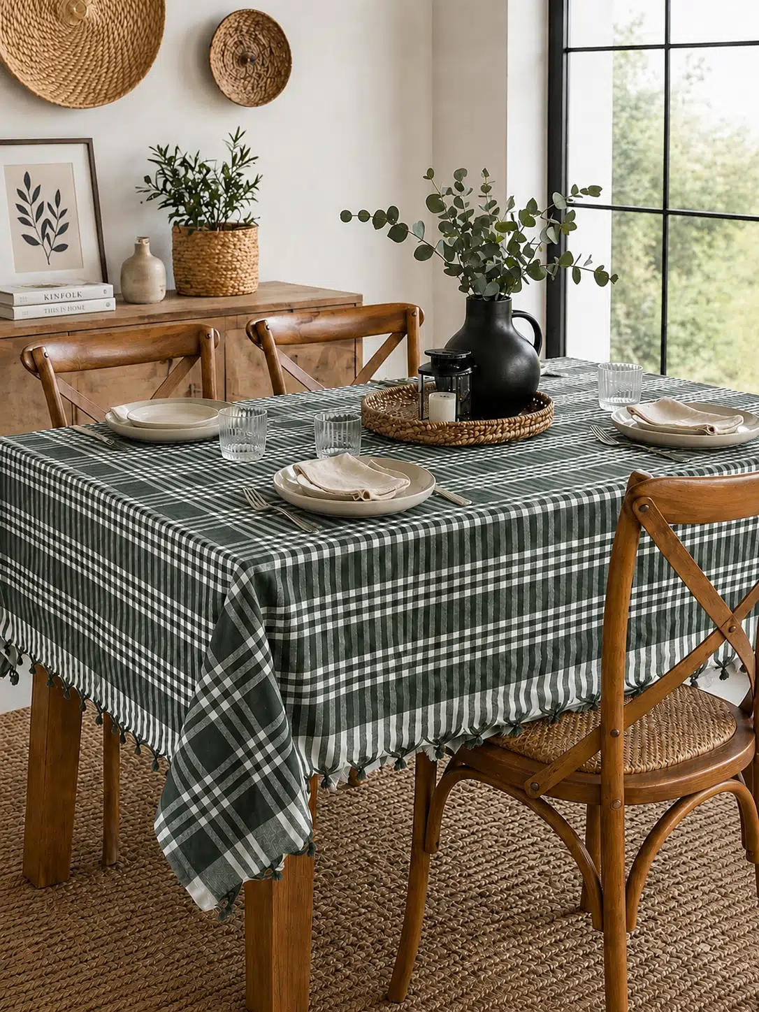 Çok Amaçlı Sofra Bezi , Piknik Örtüsü & Masa Örtüsü Bağlamalı Ekose Pötikare Pamuklu 170x170 cm - Yeşil