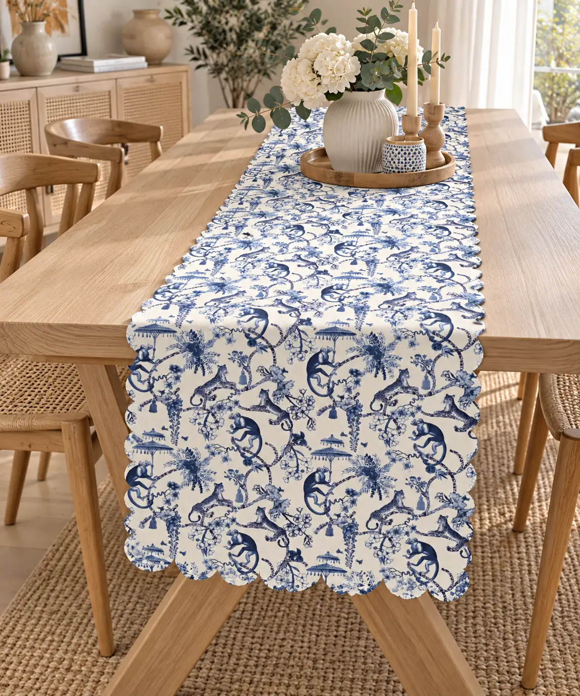 Pamuklu Dijital Baskı Runner Mutfak Salon Mavi Desenli 40x140